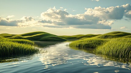Aufkleber - Serene grassland reflections a tranquil scene of soft green waves and gentle waters under a blue sky