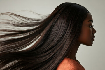 Wall Mural - A senior African American female model with long, straight, shiny hair flowing gracefully behind her as she moves. The smooth texture of her hair captures the light, adding brilliance to the scene.