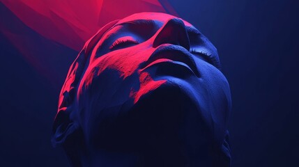 Sticker - A statue of a face with a red and blue background