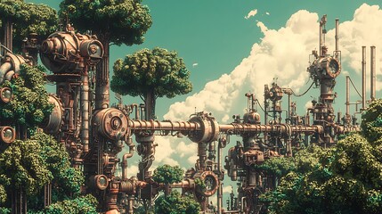 Poster - Futuristic skyline blending nature and technology a unique vision of machine trees intertwined with pipes and gears