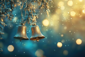 Canvas Print - Two Glittery Gold Bells Hanging From a Snowy Branch