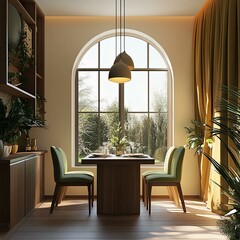 Interior design of modern small dining room with arched window. Created with