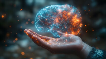 Poster - Futuristic glowing digital sphere of energy and data hovering in the palm of a human hand,symbolizing technological innovation,scientific progress,and the potential for a sustainable future.