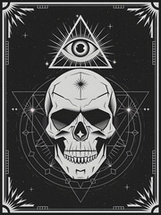 A mystical or esoteric image with a skull-like figure prominently displayed in the center. Above the skull, there's a triangle with an eye at
its apex, set against a starry background