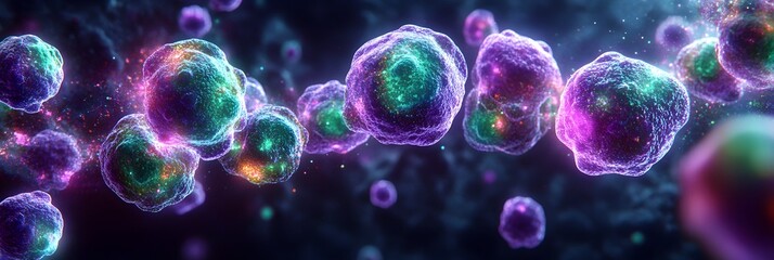 Leinwandbilder - Glowing abstract cellular structures in a vibrant,futuristic sci-fi digital backdrop. Colorful,luminous spheres and particles creating a dynamic,visionary,and transcendent visual experience.