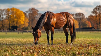 Poster - A brown horse is grazing in a field of grass