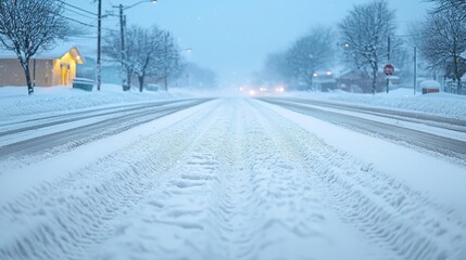 Wall Mural - Winter road covered in snow, calm atmosphere, soft light, and trees lining the street.