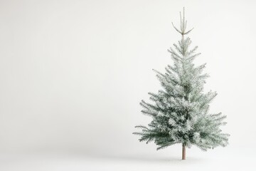 Poster - A Single Snow-Covered Pine Tree Against a White Background