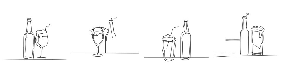 Leinwandbilder - An illustration of a beer bottle and glass isolated on a white background. Continuous line drawing.
