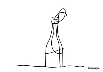 Leinwandbilder - Champagne bottle with shooting cork depicted as a line drawing