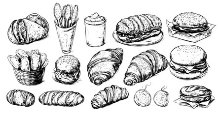 Poster - This illustration depicts a variety of breads and baked goods in various shapes and sizes - a loaf, bun, croissant, toast, muffin, pretzel, a pretzel. This illustration is made using hand drawn