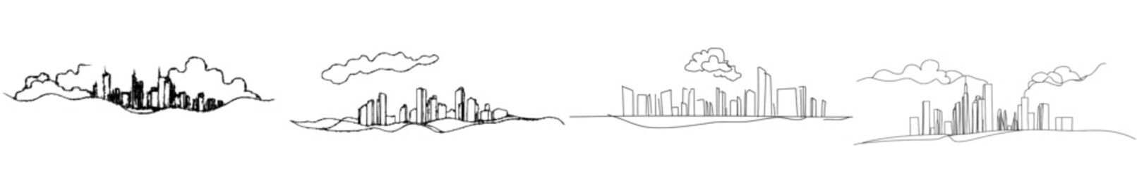 Fototapete - City building construction outlined drawing in one continuous line. Architecture house urban apartment cityscape landscape concept design.