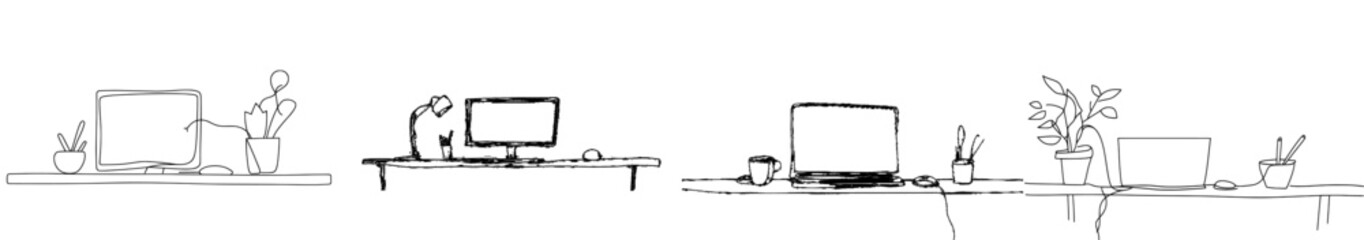 Poster - Drawn in continuous line with a laptop computer and a mug on the desktop