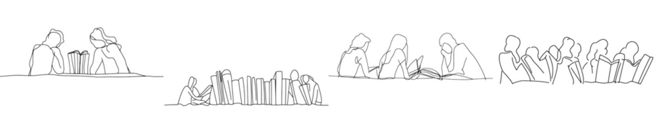 Fototapete - Reading book to a group of children with continuous one-line drawings