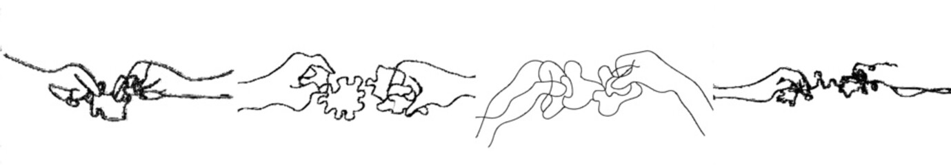 Aufkleber - Continually drawn hands combining two puzzle pieces on white background.