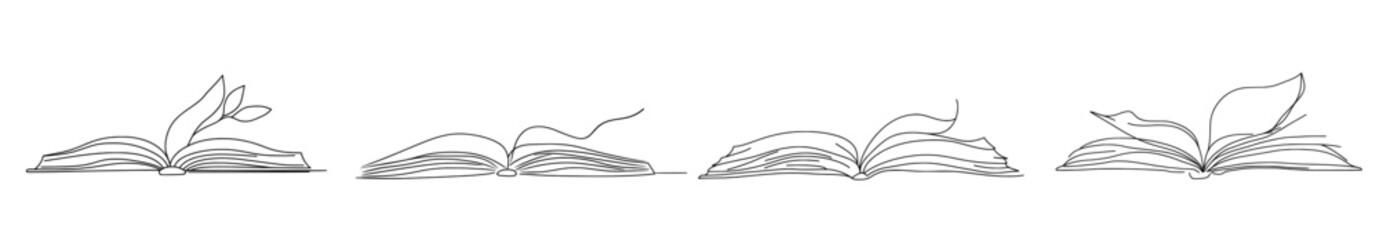 Poster - This drawing depicts a continuous one line drawing of an open book with pages flying out. The theme of the illustration is back to school supplies.
