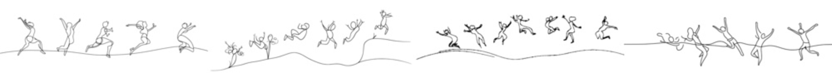 Poster - In this one-line drawing of a group of people jumping, they appear to be having fun and enjoying the moment. This illustration is a simple conceptual metaphor design that reflects modern illustration