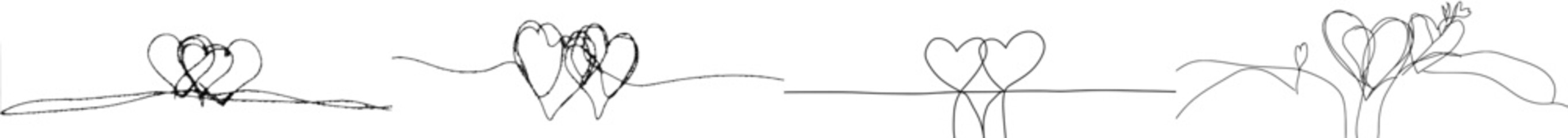 Poster - continuity line drawing of two hearts embracing, a black and white modern minimalist illustration of