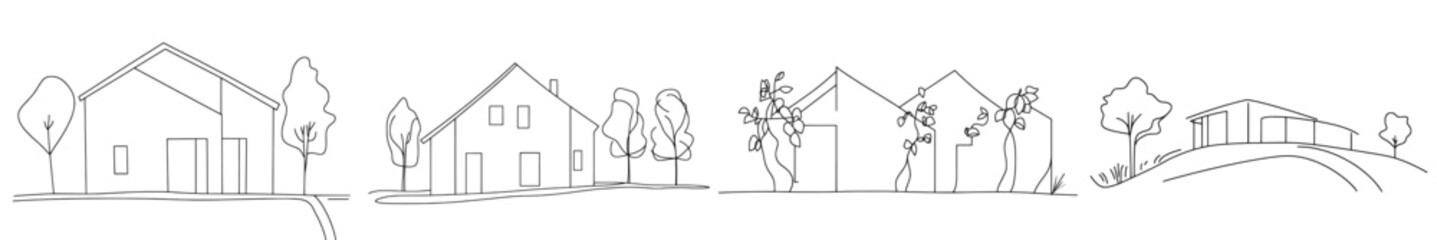 Leinwandbilder - In this modern illustration, a flat roof house or commercial building is drawn in continuous line art style on a white background. The sketch is black, geometric, and minimalist.