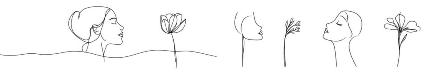 Aufkleber - An abstract woman face, ginkgo biloba leaf, and flower. This single line drawing is great for post cards, wall art, totes bags, t-shirts, stickers, and logos.