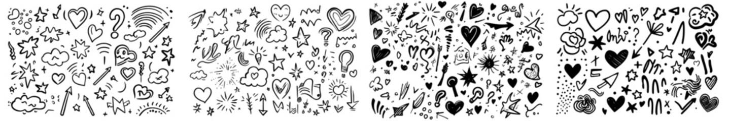 Aufkleber - An illustration set of different stars, sparkles, arrows, hearts, diamonds, signs, and symbols. Hand drawn elements isolated on white.