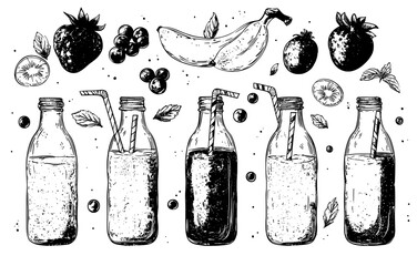 Aufkleber - Graphik sketch smoothie with fruit smoothie and slisp of natural fruits. Graphik sketch smoothie with fruit smoothie. Fruit smoothie healthy, fresh drink diet, organic juice set.