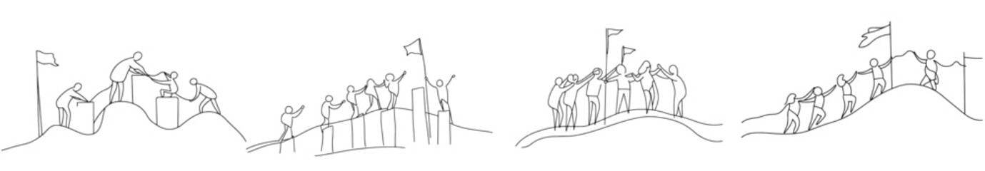 Aufkleber - This illustration uses a continuous line to illustrate team members following their leader as he climbs stairs step by step while holding flags. Teamwork concept one line draw with a modern