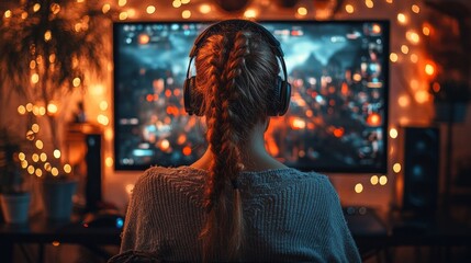 Poster - A woman is sitting in front of a computer monitor with a video game on it