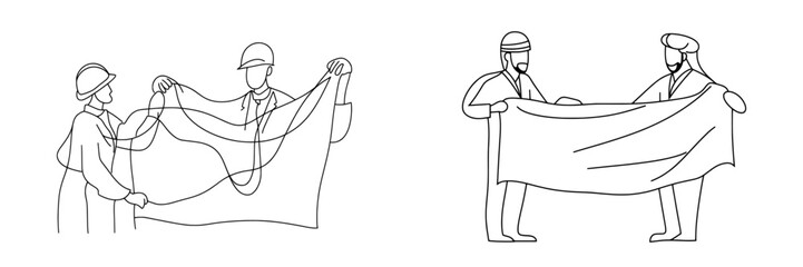 Leinwandbilder - An illustration of a young company manager performing quality control to a draft blueprint design. Architecture business concept. A line drawing of a modern graphic design illustration.