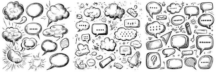 Aufkleber - Various shapes of comic speech bubbles, dialog balloons, and clouds, outline doodle style set. Square, rectangle, heart, and cloud shape bubbles.