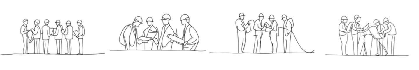 Aufkleber - Construction design plan discussion between a young construction coordinator and a team member. Building architecture business concept. Single line drawing design graphic illustration.
