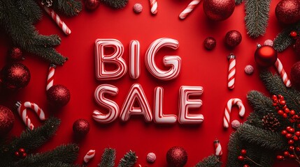 Poster - A festive red and white candy cane themed background with BIG SALE written in playful font surrounded by holiday decorations Stock Photo with side copy space