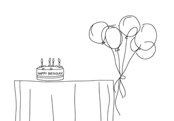 Fototapete - Continuous line drawing with symbolic party balloon and birthday cake. One hand drawn minimalist style.
