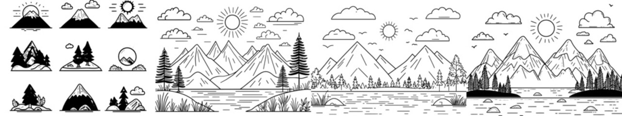 Poster - Outdoor adventure and hiking outline icon. Forest trees, mountain, tropical sea island, desert and volcano. Drawing of nature landscape. Tropical sea island, desert, volcano.