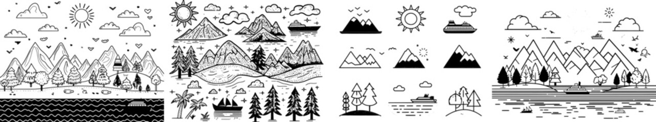 Poster - Landscape line icon. Cabin in forest, mountain, sea along with air balloons in sky and lighthouse in the distance. Nature country tourism modern icon set. Illustration nature forest, mountain, and