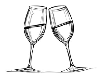 Aufkleber - Continuous linear couple wine glasses clink. Wedding party cheers. Modern minimalist concept.
