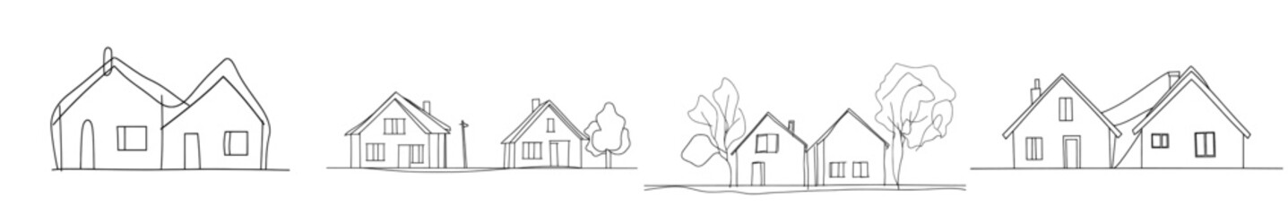 Wall Mural - An abstract country house with continuous lines. Black and white line drawing of a family home isolated on white background. Concept art illustration.