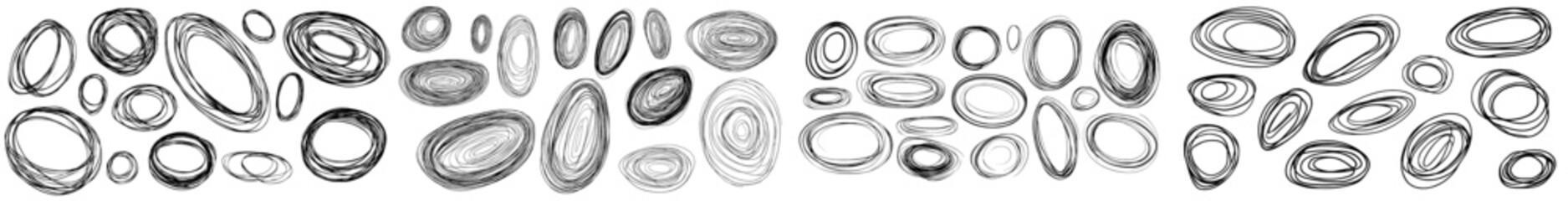Poster - An illustration that combines hand drawn red circles and ovals with doodle elements. Frames for the circles. Ellipses in a doodle style. Isolated on white background.
