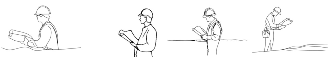 Aufkleber - Building construction service concept continuous line drawing design illustration of young handsome architect holding sketch blueprint roll papers.