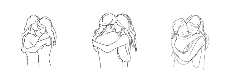 Poster - Mom and daughter embracing in a continuous line drawing style. Minimalistic black linear sketch isolated on white background. Modern illustration.