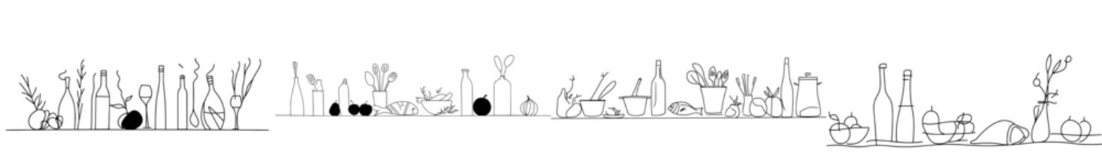 Poster - The top and bottom seamless patterns feature food and utensils. Modern background. One line art style. Organic food frame. Can also be used as a banner, flyer, or texture.