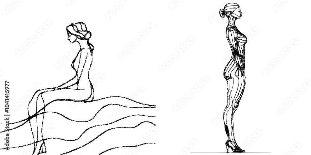 Young graceful long-haired naked woman with slender figure hand drawn