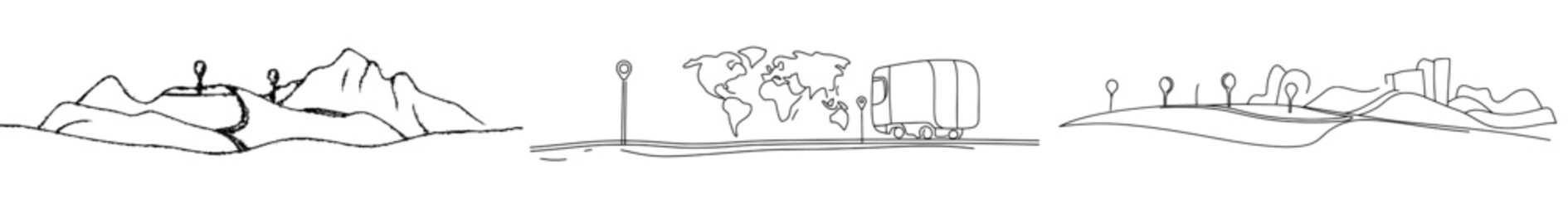 Poster - Drawing of continuous one-line routes and directions on a map. Modern illustration with a pin or pointer pointing to a particular location on the map.