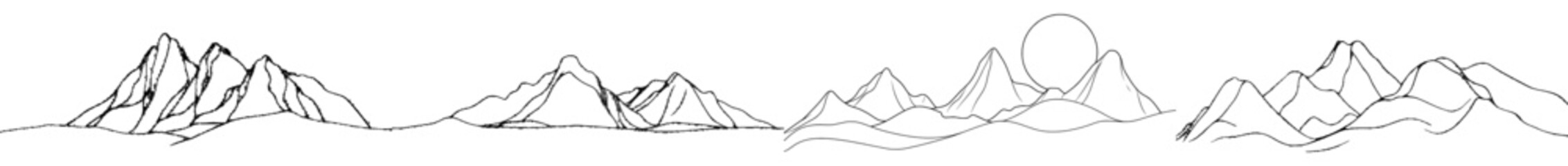 Poster - Line drawing of mountain range landscape with mountains and snow. Winter sports concept isolated on white background. Doodle modern illustration.