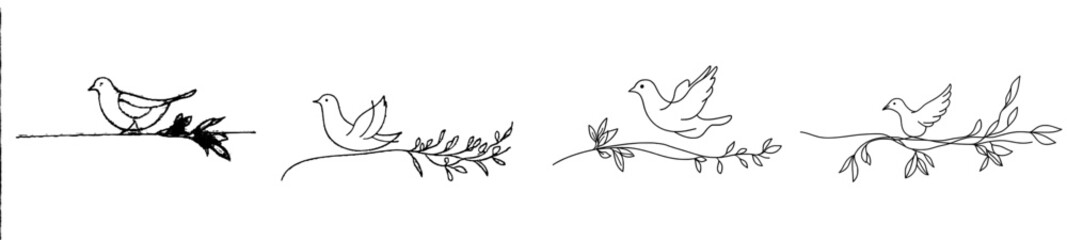 Wall Mural - Doodle modern illustration of dove of peace flying with olive branch. Peace and freedom symbol in simple linear style. Pigeon icon.