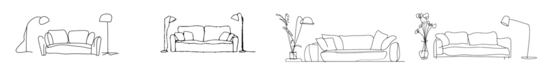 Aufkleber - The living room with modern furniture with a continuous line drawing. Single line. Handdrawn contour. Flower in pot. Modern doodles.