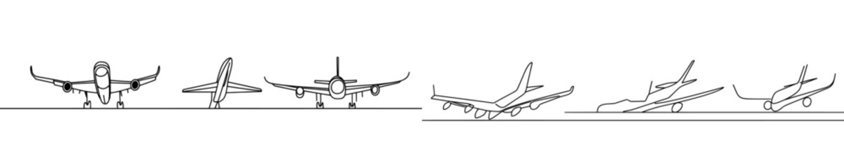 Leinwandbilder - Travel aviation, private planes and airlines linear sketch modern illustration set