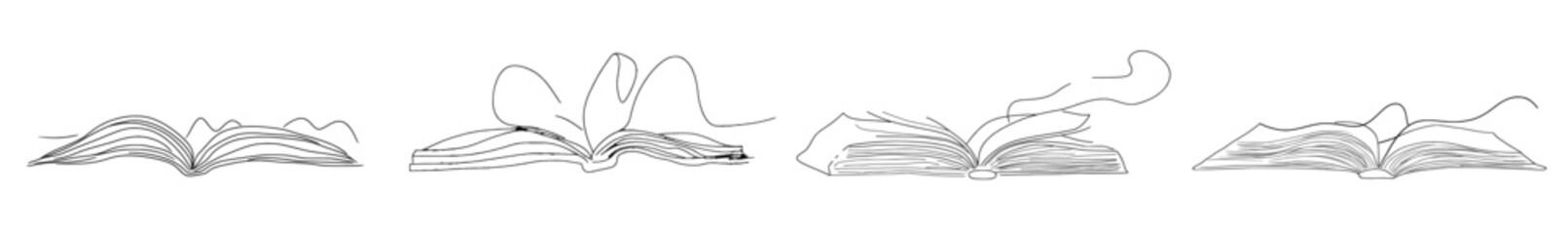 Poster - An open book with flying pages in continuous one line drawing. A modern illustration of school supplies, back to school supplies.