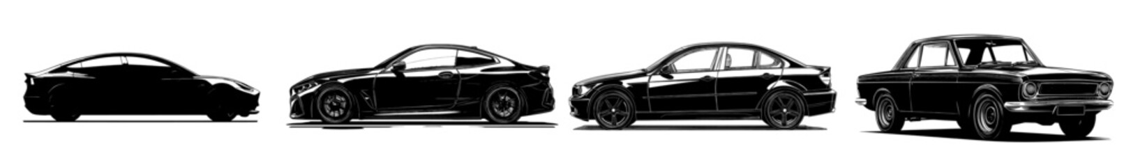 Poster - A hand drawn line art illustration of a sedan car in monochrome. A sedan car abstract silhouette on a white background.