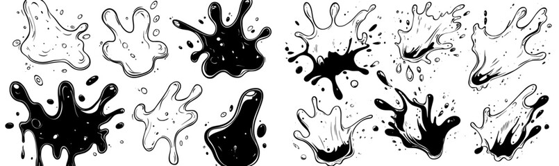 Aufkleber - Water or paint puddles and blots shapes. Sprays of fluid. Black illustration isolated on white. Modern graphics isolated on white. Abstract monochromatic spots.